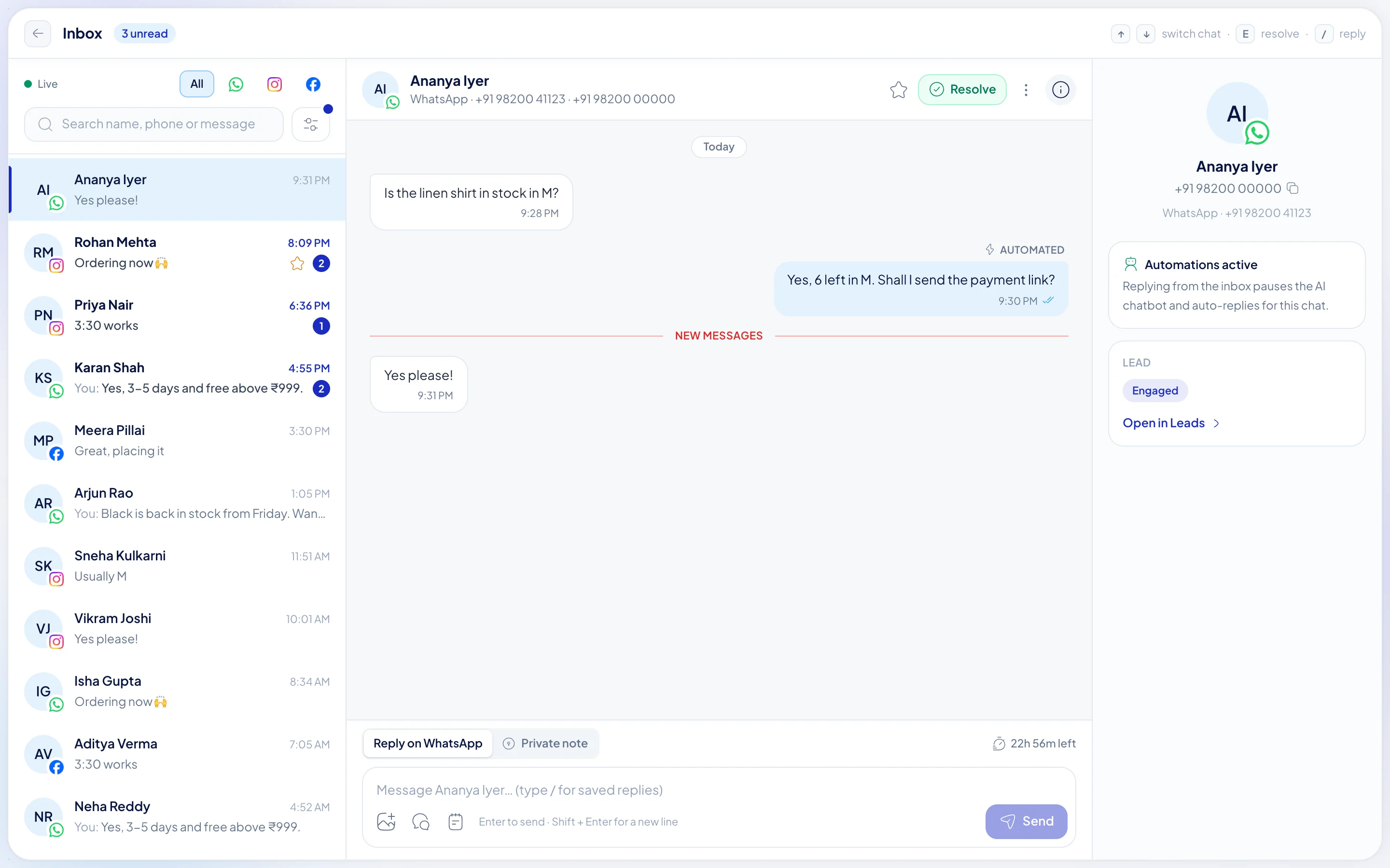 Arolead inbox with Instagram, Messenger and WhatsApp conversations and a WhatsApp chat open