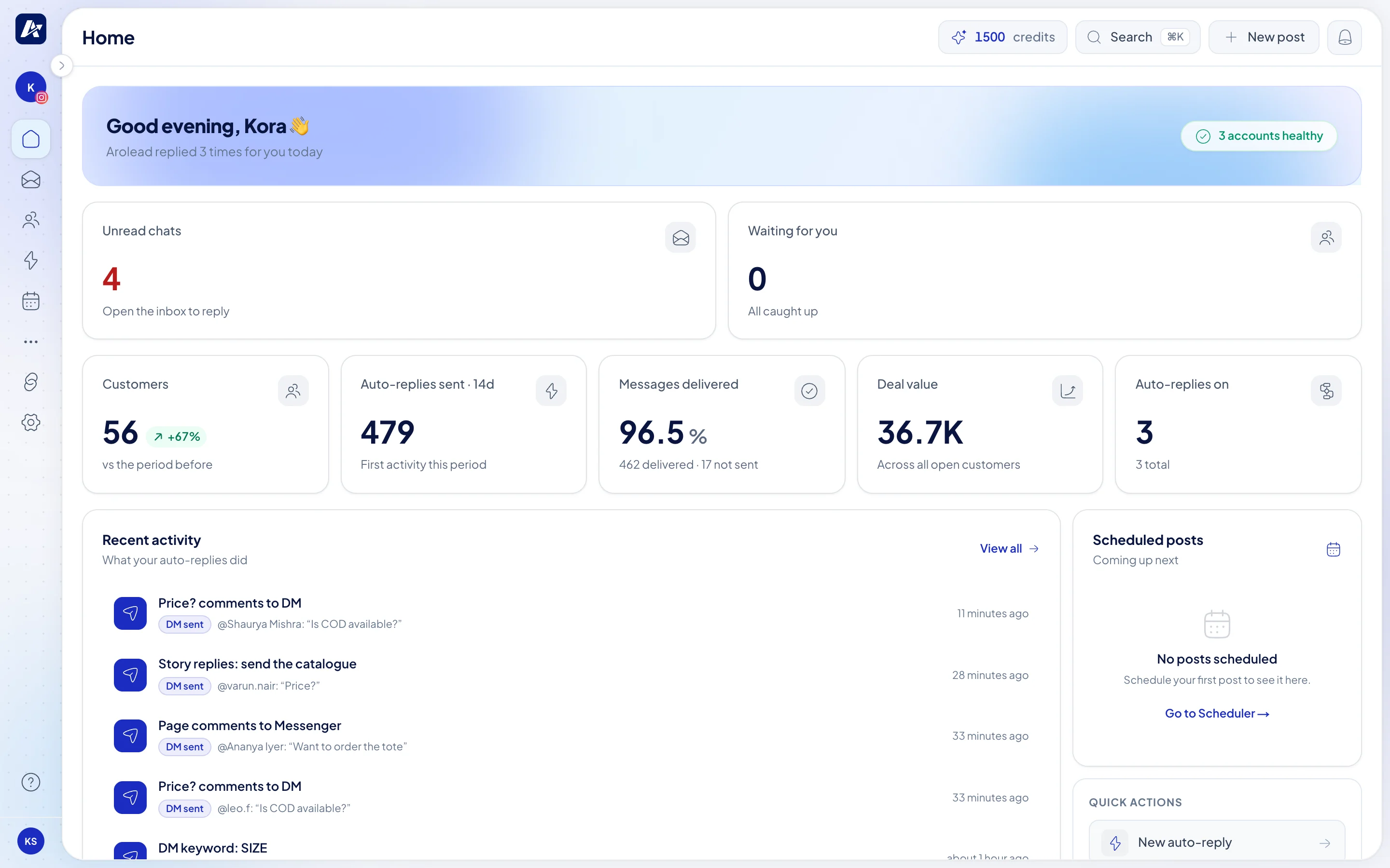 Arolead Overview: automation runs and leads over two weeks, by channel